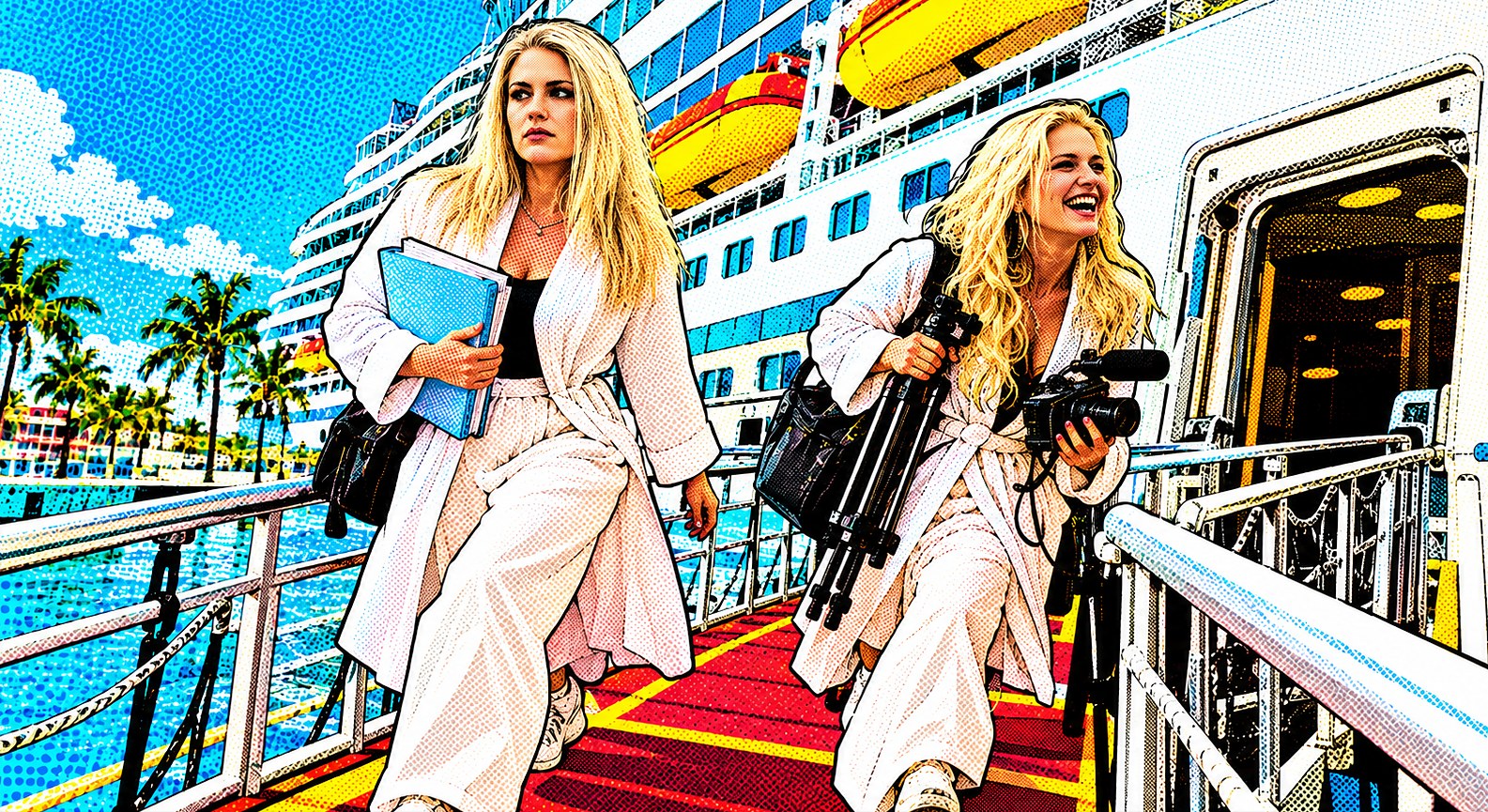 The creators boarding the cruise ship with a script, a tripod and a camera