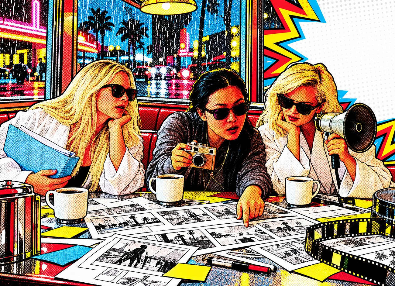 Three filmmakers in a rainy-night diner poring over storyboards with a camera and a megaphone