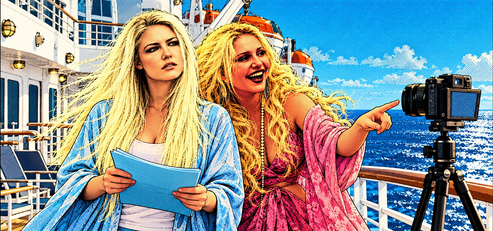 The breakdown: two actresses on a cruise deck with a script, pointing at a camera on a tripod