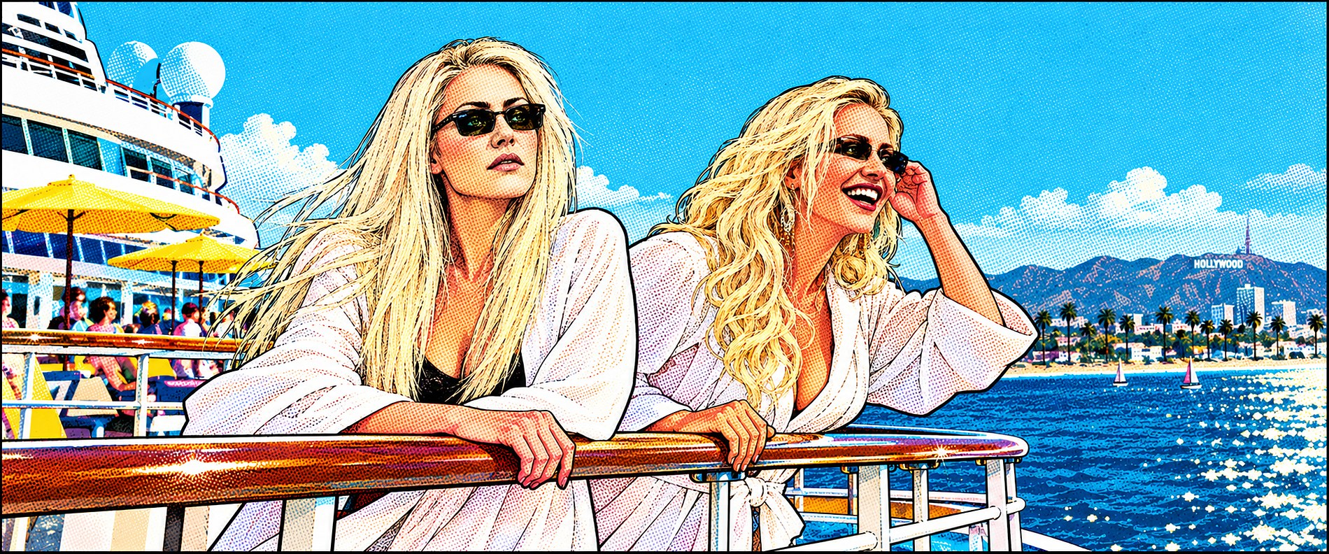 Two actresses in white robes and sunglasses leaning on a cruise ship railing, the Hollywood sign in the distance