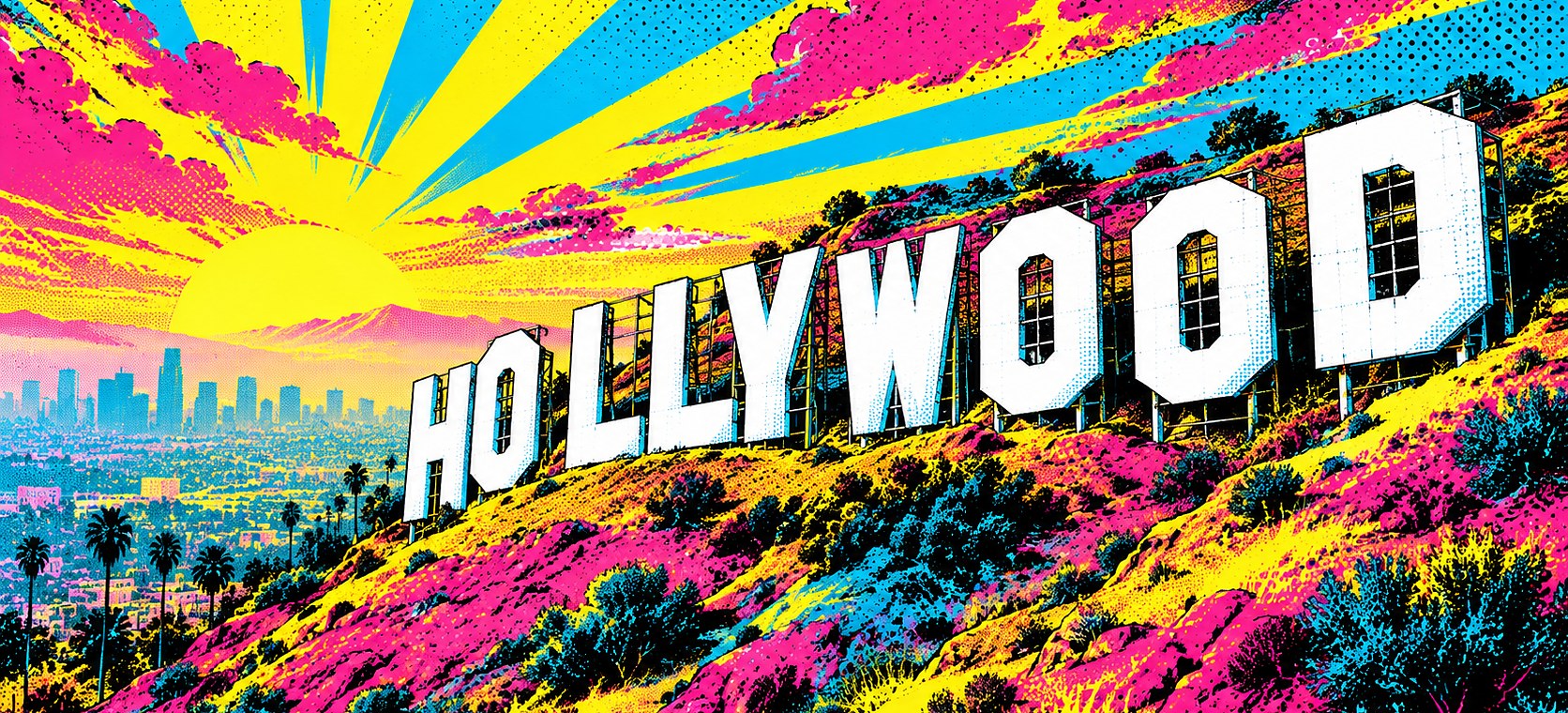 The dream: the Hollywood sign under a pop-art sunrise